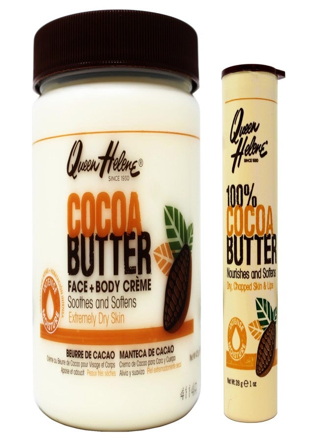 كوين هيلين مجموعة كوين هيلين لترطيب البشرة بزبدة الكاكاو، كريم للوجه والجسم 425 مل ومرطب شفاه بزبدة الكاكاو 100% 30 مل للبشرة الجافة والشفاه الجافة - Image 1